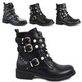 B-WARE Damen Stiefeletten Perlen Nieten Schnürstiefeletten Biker  Leder-Optik