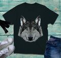 T-Shirt Wolf Tier Gesicht vorne großer Druck gruselig grau Wolfskopf Wolf Liebhaber T-Shirt Top