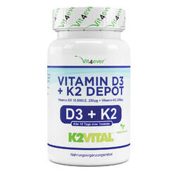 Vitamin D3 10.000 I.E. + Vitamin K2 200mcg 100 Tabletten MK7 Menachinon-7 IE IU**Premium K2: 99,7% All-Trans K2VITAL® - Laboranalyse**