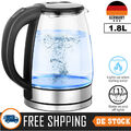 Wasserkocher 1,8L Edelstahl 1800W 360° Teekocher Borosilikat Glas Kocher mit LED