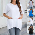Damen Kurzarm Sommer T-Shirt Oberteile Tunika mit Taschen Baggy Hemd Knopf Bluse