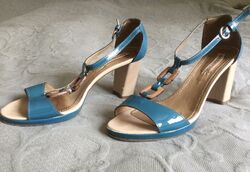 PROGETTO Sandalen Sandaletten Pumps Schuhe Gr. 38 (5) Lackleder Blau Retro-Look!