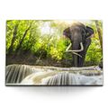 120x80cm Wandbild auf Leinwand Elefant Thailand Wasserfall Grün Natur Dschungel