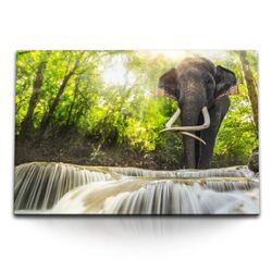 120x80cm Wandbild auf Leinwand Elefant Thailand Wasserfall Grün Natur Dschungel