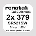 2x Renata 379 Uhren-Batterie Knopfzelle SR521SW AG0 Silberoxid Blisterware Neu