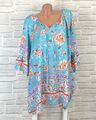 Italy Long Bluse Tunika Shirt Kleid Boho Print V-Ausschnitt 42 44 46 Blau F773