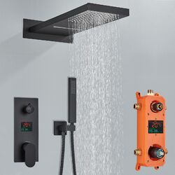 Schwarz Unterputz Duscharmatur Set Regendusche Wasserfall Kopfbrause Duschsystem