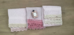 3 Handtücher, rosa, 45x105 cm , Häkelspitze, romantisch, wunderschoen