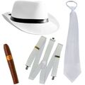 Al Capone Mafia Gangster Hut + Krawatte + Hosenträger + Zigarre - 20er weiss