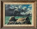 Ölbild Impressionist Felsen am Meer mit Möwe Schweden Ostsee signiert 36 x 44 cm