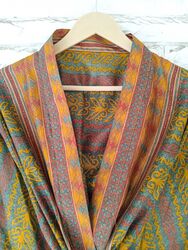 Midi Kimono Reine Seide Robe Knielang Abendkleid Bademantel Grün MKMO1468