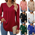 Damen-T-Shirt Mit V-Ausschnitt Langärmeliges Oberteil Einfarbiger Pullover ①