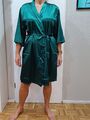 Damen Morgenmantel Kimono grün glänzend kurz Gr. 4XL 52 Bindegürtel Sommer...