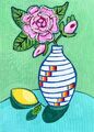 Originalgemälde rosa Rose mit Zitrone, naive/Volkskunst auf Buchumschlag, Blume