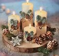kerzenset Kerzen Natura mit Holzscheibe als Dekoteller mit 4 Kerzen und Deko