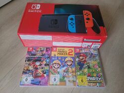 Nintendo Switch Konsole mit Joy-Cons - Neon-Rot/Neon-Blau mit 3 Spielen 