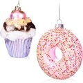 2 Weihnachtskugeln Glas Cupcake & Donut Set Christbaumkugeln Lila Rosa Glitter