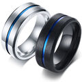 Moderner Herren-Ring silber oder schwarz mit blauem Streifen Edelstahl Geschenk