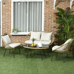 Outsunny Gartenmöbel-Set, 4 tlg. Rattan Sitzgruppe mit Kissen Loungemöbel