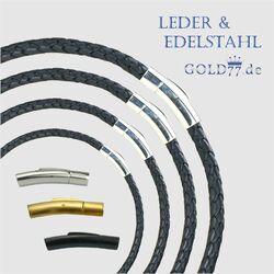 Lederkette geflochten Schwarz | Armband/Halsband  Verschluss Silber/Schwarz/Gold