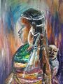 Afrikanisches Öl / Acrylgemälde original signiert Frau mit Baby Stammes Volkskunst