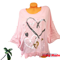 Italy Damen Shirt Oversized Bluse hell Rosa gemustert Herzchen Silber  40 42 44