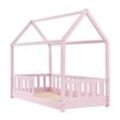 Juskys Kinderbett Marli 80 x 160 cm Rausfallschutz, Lattenrost & Dach rose Hausbett Holz