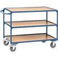 Tischwagen, leicht, 3 Etagen, L 1000 x B 600 mm, bis 300 kg, Stahl/Holz, blau/buche
