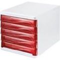 Schubladenbox helit, 5 Schübe, DIN A4, B 265 x H 250 x T 340 mm, Polypropylen, Gehäuse weiß/Schublade rot transparent