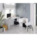 Dmora - Schreibtisch Dmorlup, Umschaltbarer Multipositions-Schreibtisch, Arbeits- oder Bürotisch für pc mit Regal, 136x139h74 cm, Weiß und Zement