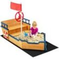 Sandkasten aus massivem Tannenholz, mit Sitzbank mit Stauraum, Piratenschiff Boot, inkl. Bodenplane, Kinder Sandkiste Segelschiff für den Garten und