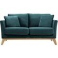 Sofa skandinavisch 2 Plätze Samt Blaugrün helle Holzbeine OSLO - Entenblau