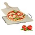 Pizzastein Set 1,5 cm Stärke mit Metallhalter und Pizzaschieber aus Holz hbt 7 x 43 x 31,5 cm rechteckiger Brotbackstein für Pizza und Flammkuchen