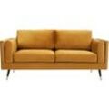 Design-Sofa 2/3-Sitzer in gelben Samtstoff, dunkles Holz und goldfarbenes Metall STING