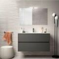 Badezimmer Badmöbel 100 cm aus mattgrauem Holz mit Porzellan Waschtisch mit spiegel und led Lampe