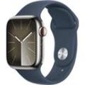 Apple Watch Series 9 GPS + Cellular 41mm Edelstahl S/M Smartwatch (4,1 cm/1,61 Zoll, Watch OS 10), Sport Band, silberfarben