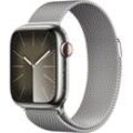 Apple Watch Series 9 GPS + Cellular 41mm Edelstahl One-Size Smartwatch (4,1 cm/1,61 Zoll, Watch OS 10), Milanese Loop, silberfarben
