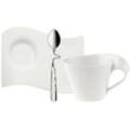 Villeroy & Boch Cappuccinotasse New Wave Cafè, Edelstahl Rostfrei, Porzellan, Made in Germany, inkl. Edelstahllöffel zum Einhängen, weiß