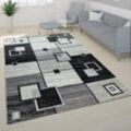 Edler Designer Teppich Kariert Kurzflor in Grau Creme Schwarz Meliert 80x150 cm - Paco Home