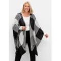 Große Größen: Kariertes Poncho-Cape mit Kapuze, offene Form, schwarz-weiß, Gr.3