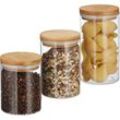 Vorratsdosen Glas, 3er Set, Größen 500, 700, 1000 ml, für Pasta, Reis, Müsli, Kaffee, d 9,5 cm, Bambus, natur - Relaxdays