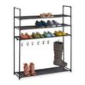 Schuhregal Stecksystem, 4 Ebenen, hbt: 119 x 100 x 30 cm, 7 Stiefelhaken, Schuhablage Metall & Stoff, schwarz - Relaxdays