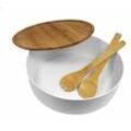 XXL Salatschüssel inklusive Bambus Besteck 30 cm - weiß - Kunststoff Schale groß mit Holz Deckel - Rührschüssel Servierschüssel Obstschale Schüssel