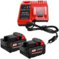 Powerwings - 2X Ersatzakku für Milwaukee M18B5 18V 5,0Ah Batterie mit M12-18C Ladegerät, Lithium-Ionen Akkupack für Milwaukee 48-11-1860, 48-11-1850,