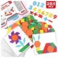 Lernspielzeug Lewo Holzpuzzle Tangram mit 203 Teilen und 15 Musterkarten (203-St)