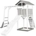 Beach Tower Spielturm aus Holz in Weiß & Grau Spielhaus für Kinder mit weißer Rutsche, Klettergerüst und Sandkasten Stelzenhaus für den Garten - Weiß