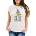 MoonWorks Print-Shirt Damen T-Shirt Shit Happens bunter Kack-Haufen Einhorn Pile of Poo Slim Fit Moonworks® mit Print