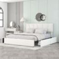 Doppelbett, Polsterbett, Kingsize Polster Plattform Bett mit vier Schubladen auf zwei Seiten, Verstellbares Kopfteil, Weiß(160200cm) OKWISH