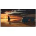 Wandbild ARTLAND "Surfen in Kalifornien mit Bulli T1" Bilder Gr. B/H: 100 cm x 50 cm, Leinwandbild Küste, 1 St., orange Kunstdrucke