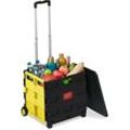 Relaxdays - Einkaufstrolley klappbar, bis 35 kg, 50 l Kiste, mit Teleskopgriff, 2 Rollen, Transport Trolley, gelb/schwarz